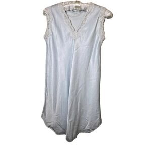 Vintage Priamo Shiny Satin Light Blue White Lace Trim Nightgown Lounge USA Sz‎ S